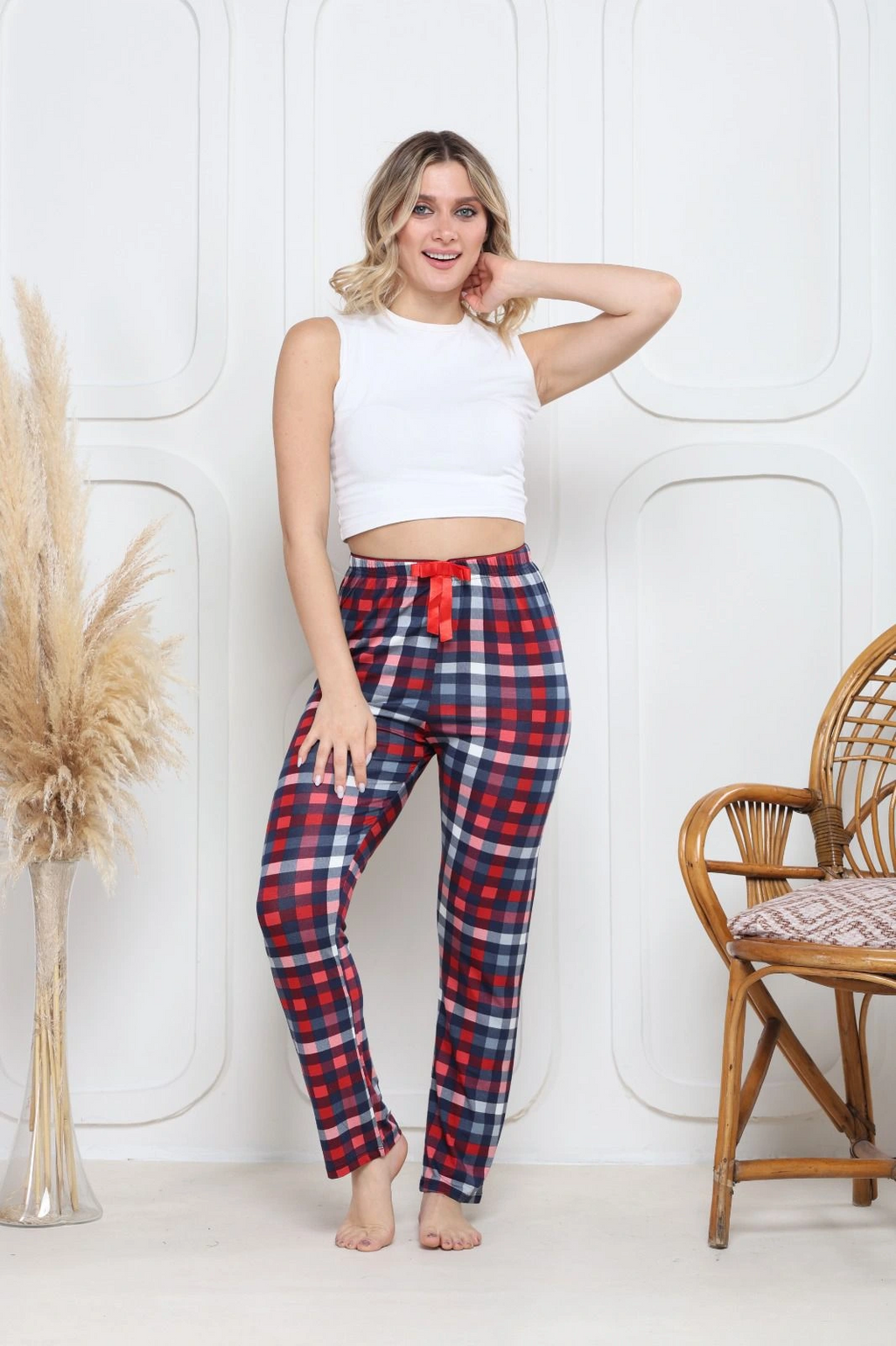 Viskon likralı alt pijama küçük ekose baskı desenli q6018