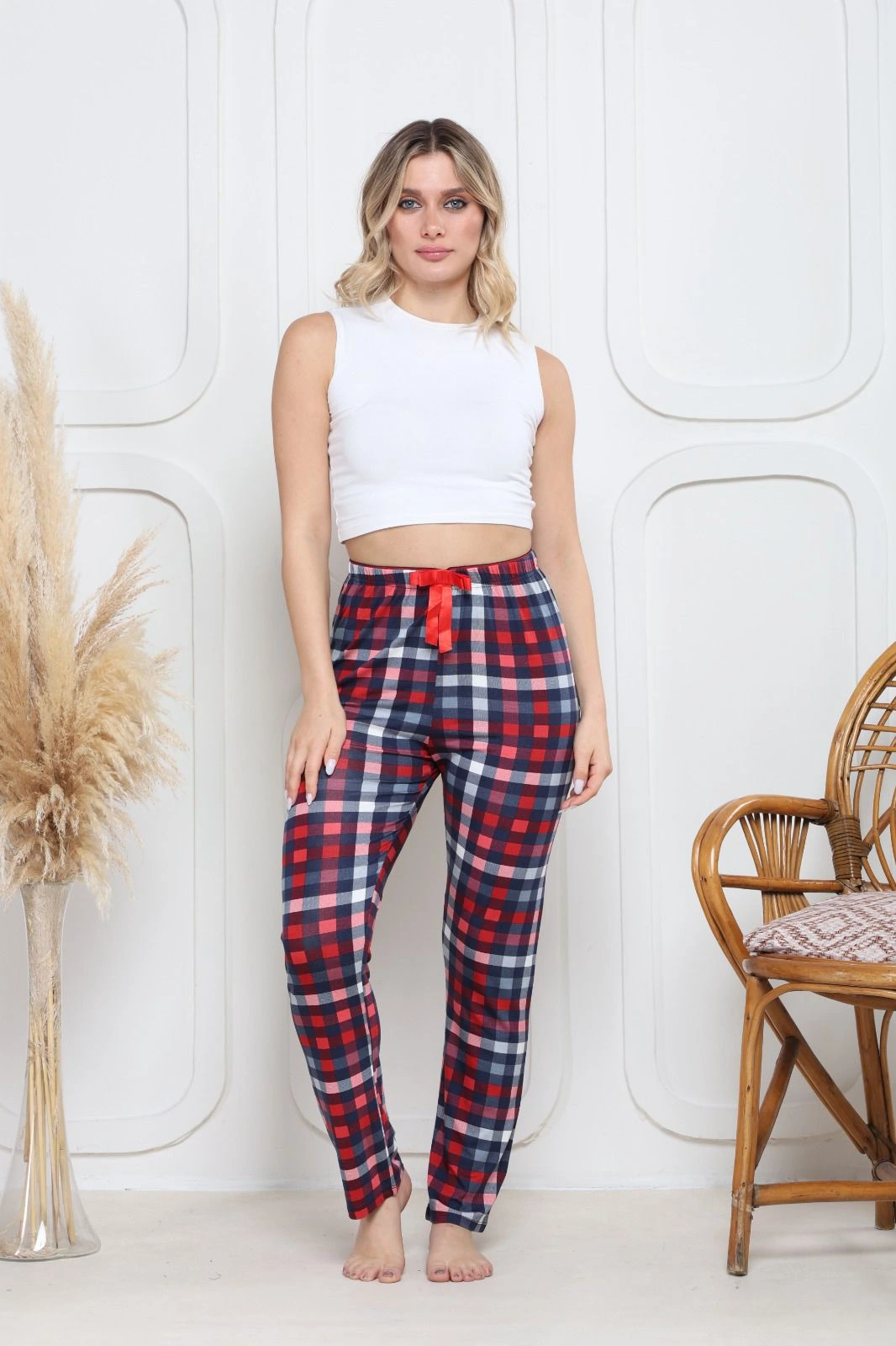 Viskon likralı alt pijama küçük ekose baskı desenli q6018