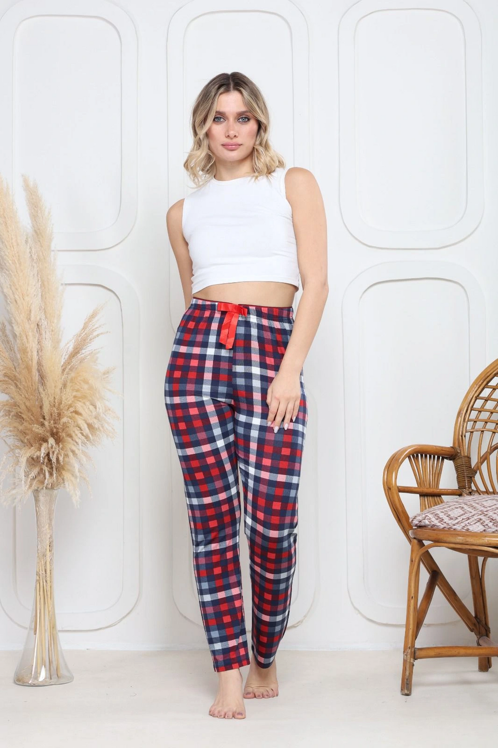 Viskon likralı alt pijama küçük ekose baskı desenli q6018