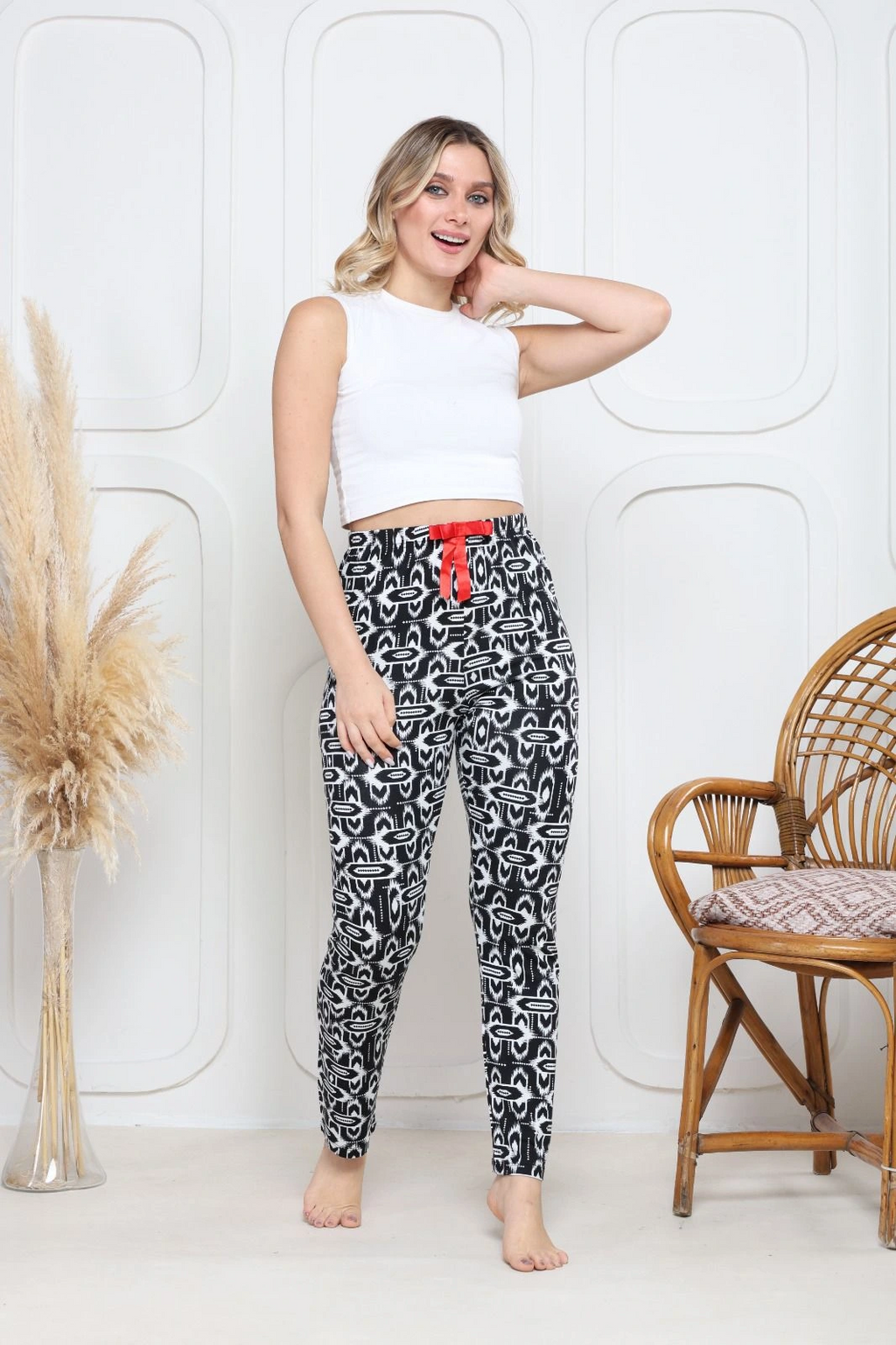 Viskon likralı alt pijama süzgülü siyah baskı desenli q6018