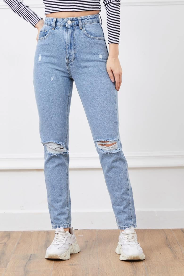 Yüksek bel yırtmaçlı mom jean pantolon